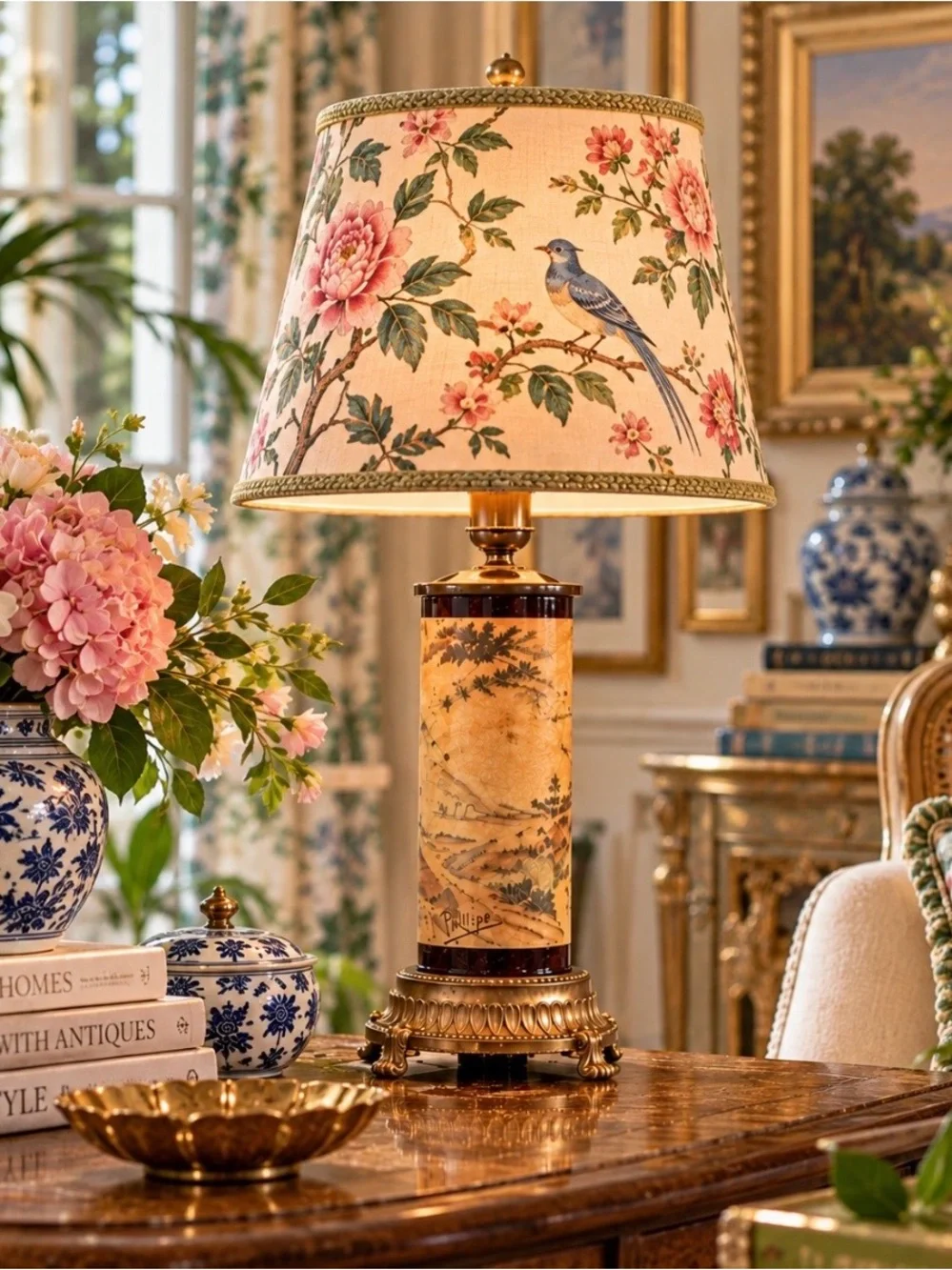 Title: Vintage Phillipe Pastoral Scene Cylinder Table Lamp Gold Tone